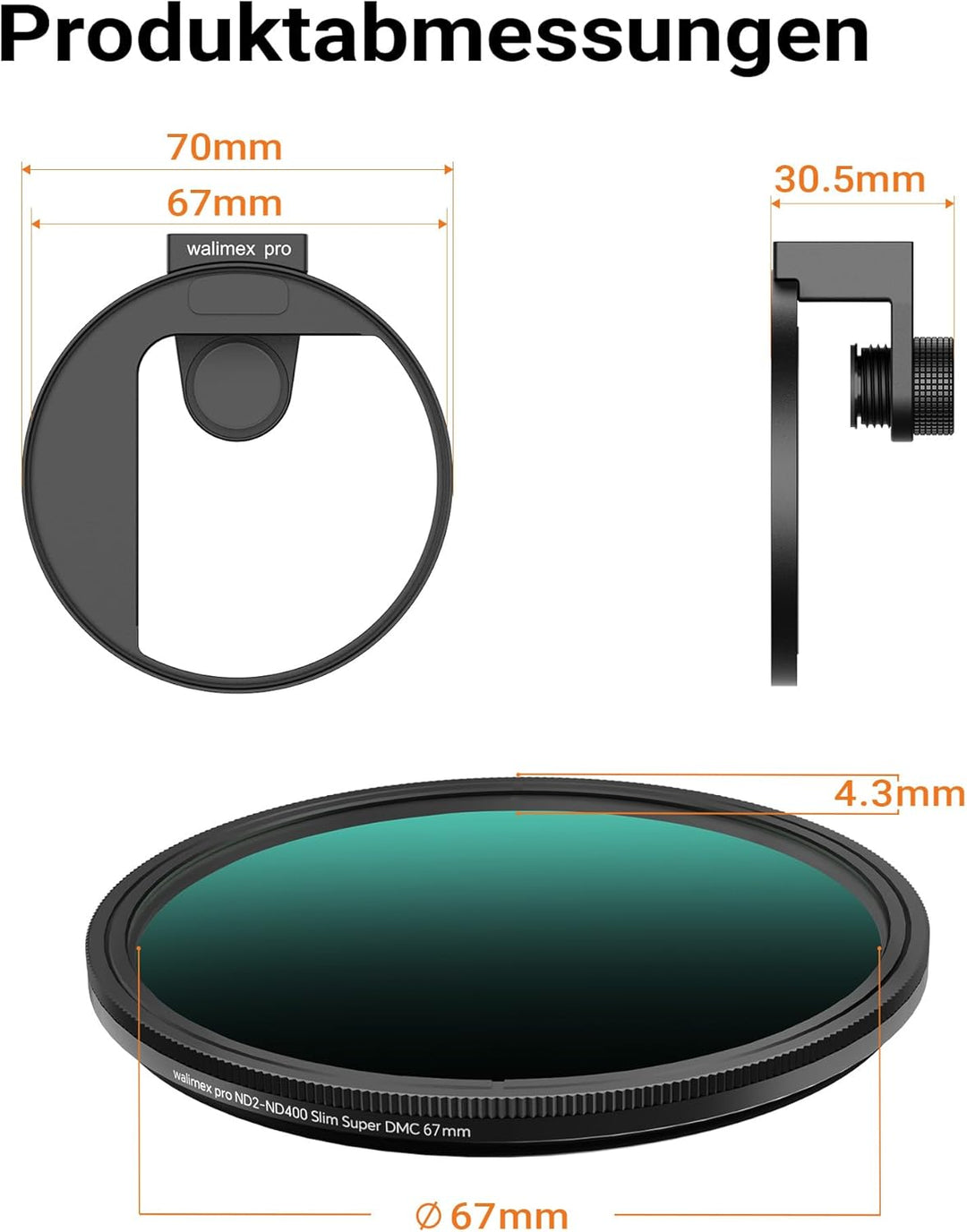 Walimex pro Filterhalter 67 mm für Handykamera, inkl. ND2-ND400 Filter 67 mm, Cold Shoe Mount für LE