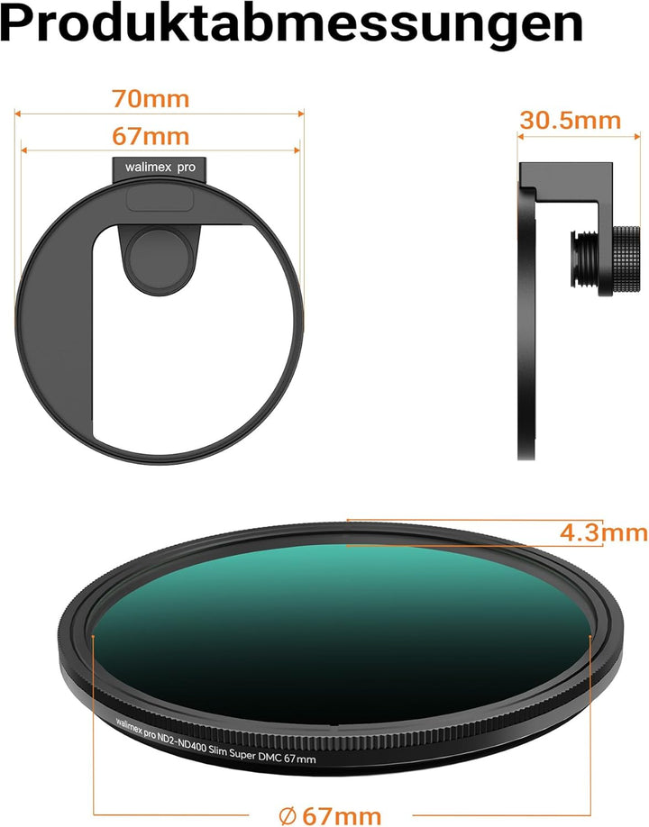 Walimex pro Filterhalter 67 mm für Handykamera, inkl. ND2-ND400 Filter 67 mm, Cold Shoe Mount für LE