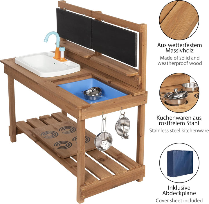 ONVAYA® Matschküche aus Holz | Braun | Outdoor Spielküche mit Waschbecken und schwarzer Tafel | Inkl
