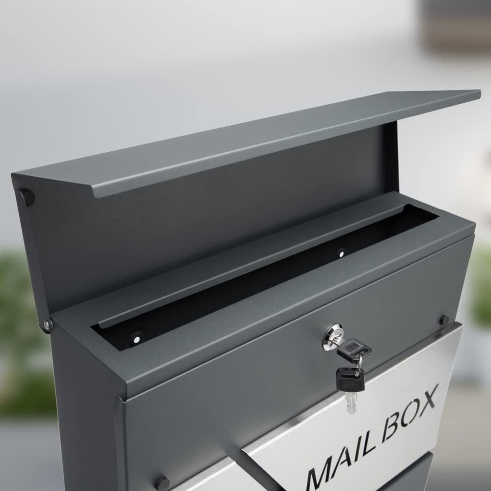 MONZANA® Design Briefkasten Stahl anthrazit mit Zeitungsfach 2 Schlüssel Zeitungsrolle Wandbriefkast