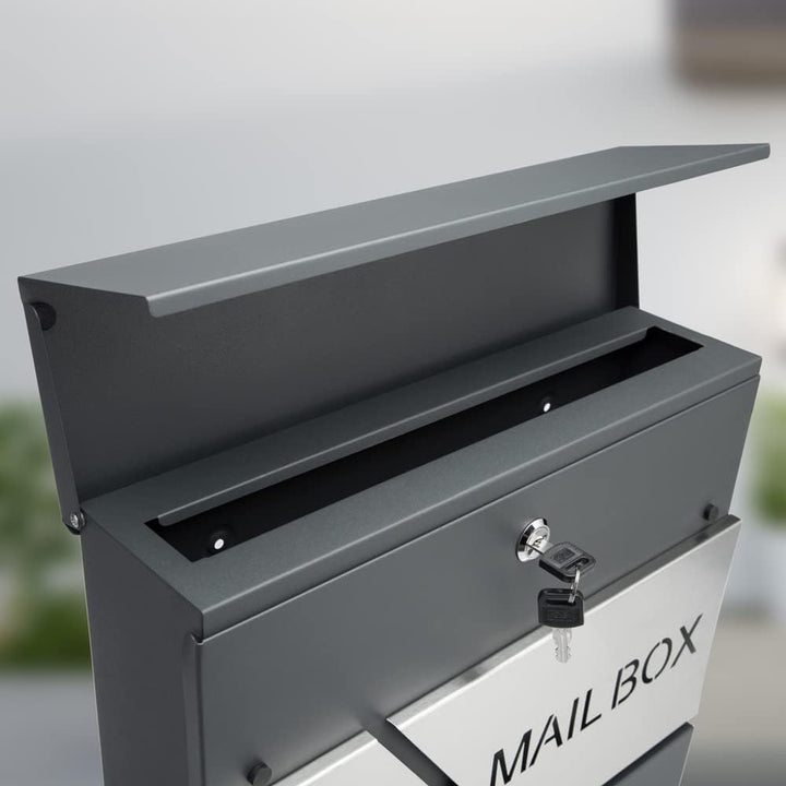 MONZANA® Design Briefkasten Stahl anthrazit mit Zeitungsfach 2 Schlüssel Zeitungsrolle Wandbriefkast