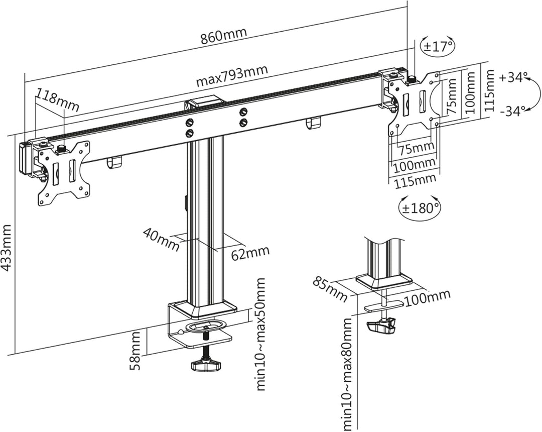InLine® Aluminium Monitor-Tischhalterung für 2 Monitore bis 32", 8kg