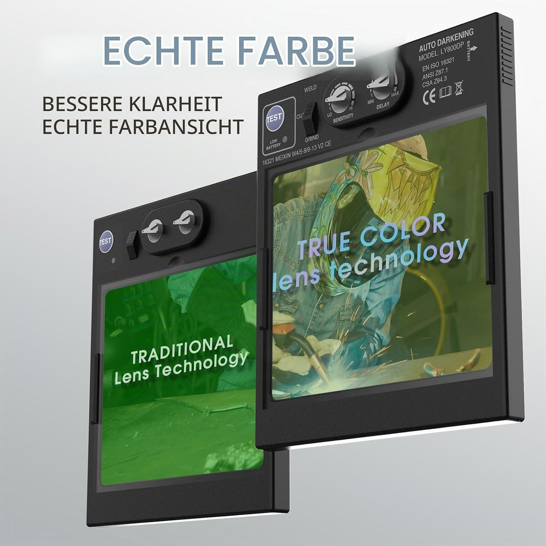 YESWELDER Grosses Sichtfeld Echtfarben Schweisshelm Solarbetriebene Schweissmaske mit Seitenansicht,