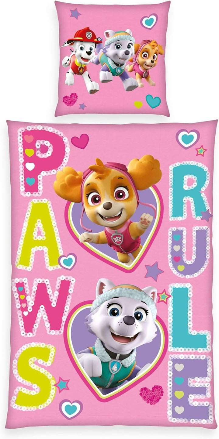 Herding Bettwäsche-Set, Paw Patrol, Kopfkissenbezug 80 x 80 cm mit Knöpfen und Wende-Motiv, Bettbezu
