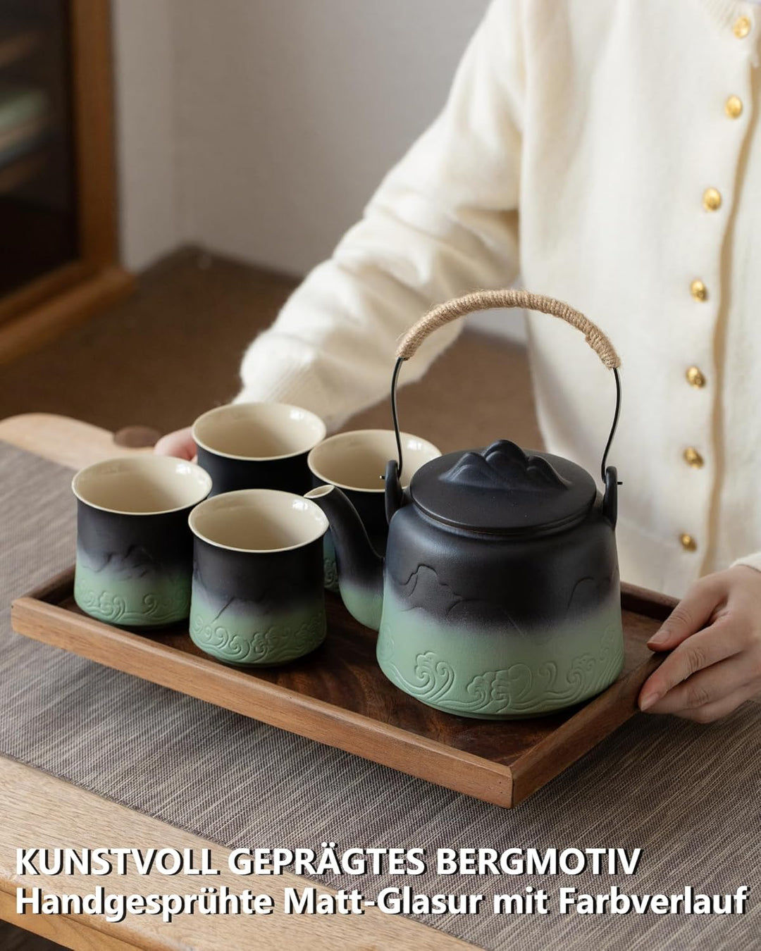 ZENS Japanische Teekanne Keramik Mit 4 Tassen, Teeservice für Losen Tee | Matte Geprägtem Teekanne J