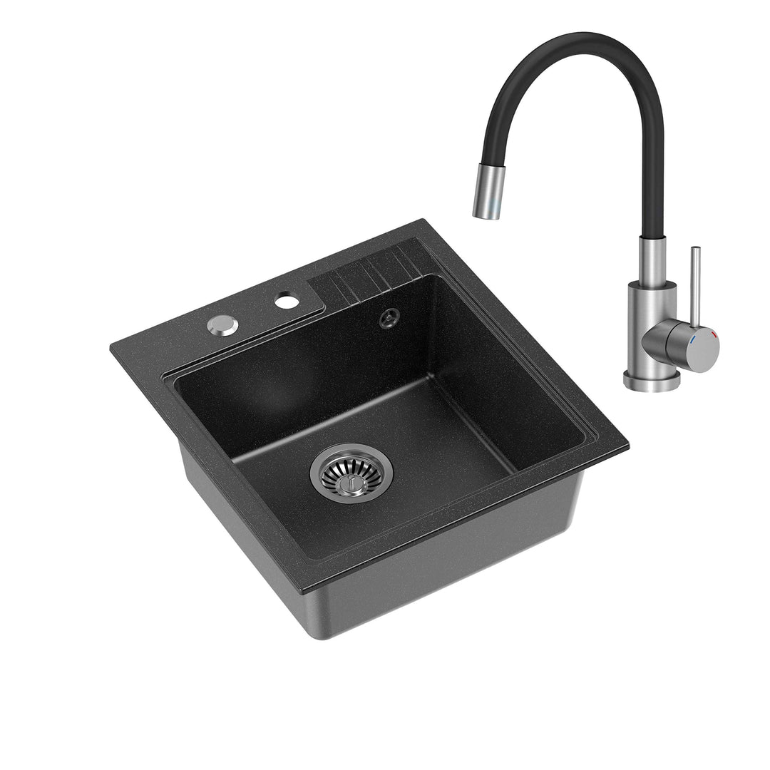 VBChome Spüle mit Armatur 52 x 50 cm Schwarz Inox Tiefes Becken 20cm Küche Einbauspüle Verbundspüle