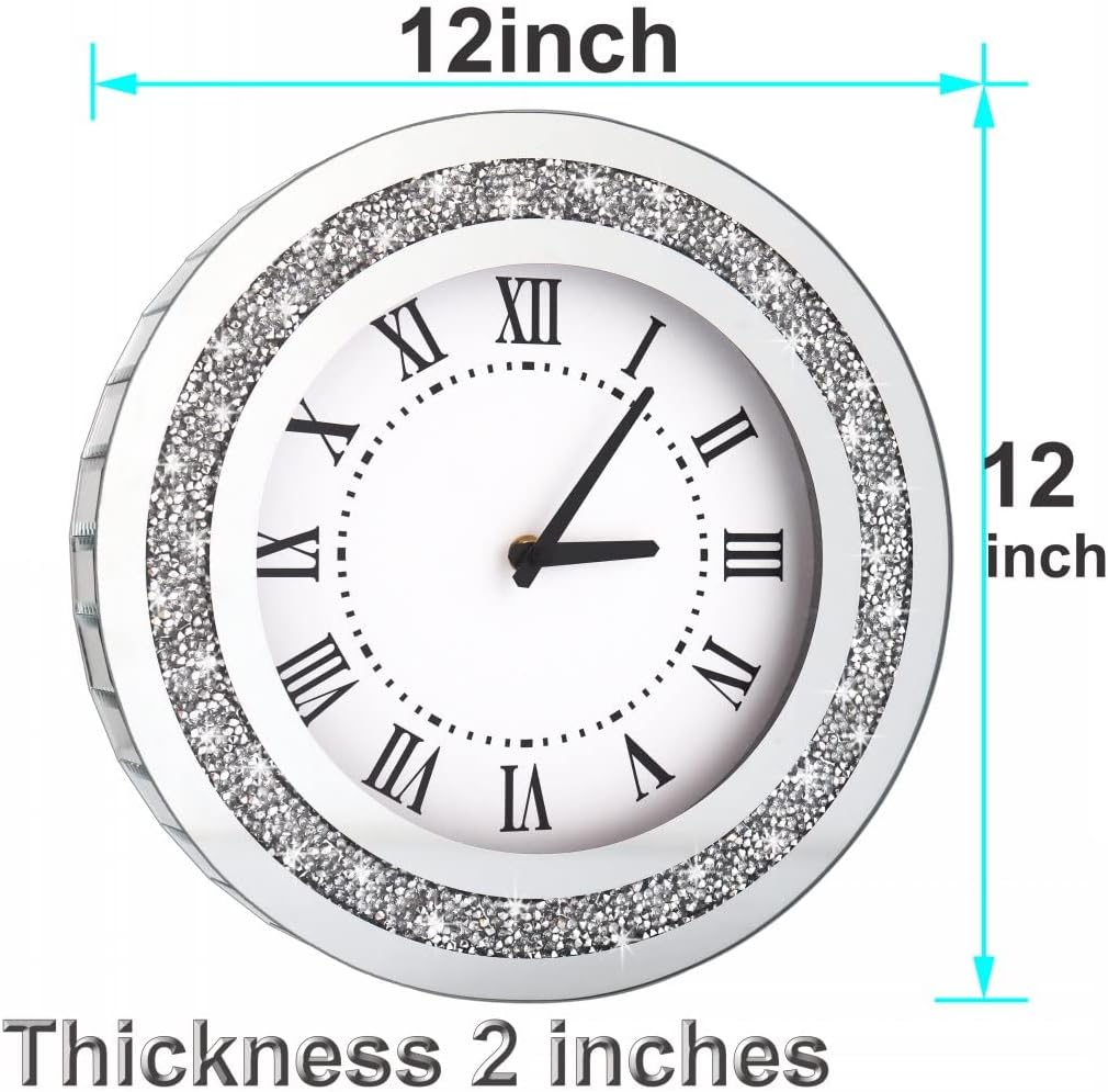 DMDFIRST Silberfarbener runder Spiegel, 30,5 cm, Kristallglitzer, glitzernd, Diamant-Spiegel-Wanduhr