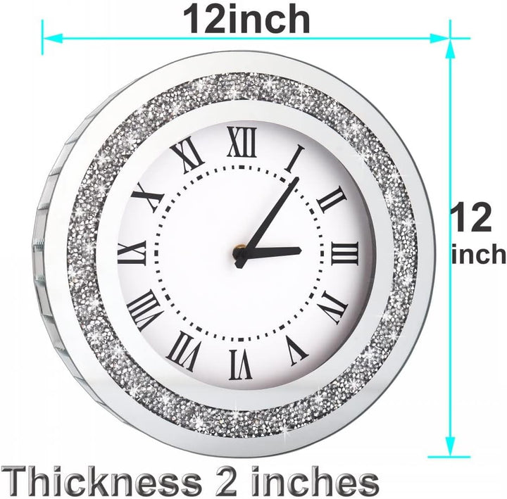 DMDFIRST Silberfarbener runder Spiegel, 30,5 cm, Kristallglitzer, glitzernd, Diamant-Spiegel-Wanduhr