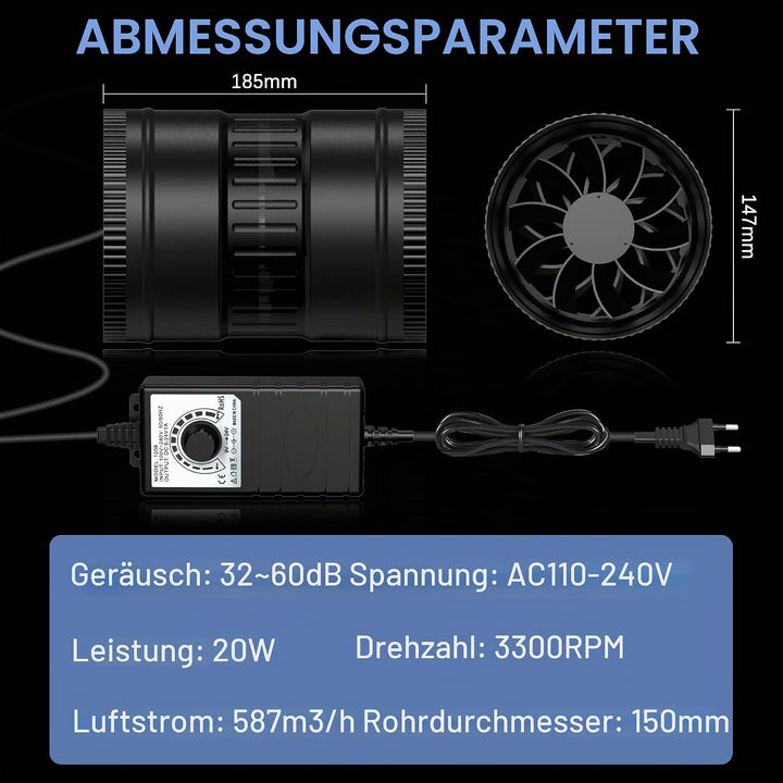 Regelbar Rohrventilator 150mm Rohrlüfter 587m³/h Abluftventilator, Badlüfter für Wintergarten Growze