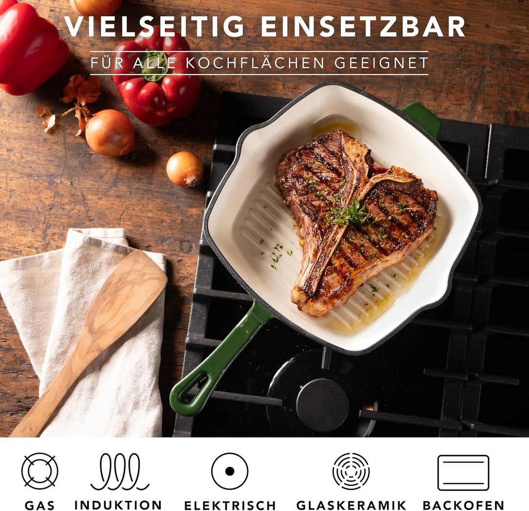 Römertopf Gusseisen Grillpfanne eckig 24 cm – Steakpfanne Emaille-Beschichtung, alle Herdarten inkl.