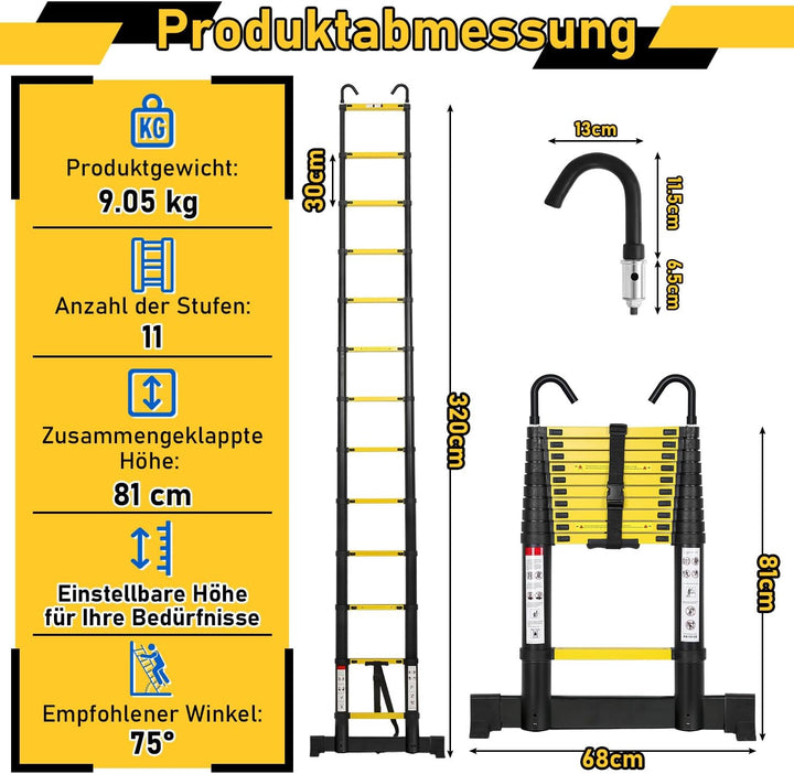 Ansobea 3.2M Klappleiter Teleskopleiter für treppe Rutschfester Multifunktionsleiter Schiebeleiter A