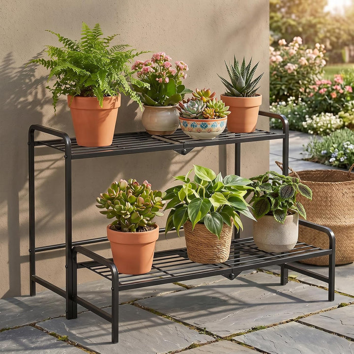 Pflanzenständer Metall 2-stufiger umwandelbarer, Pflanzenregal Blumenständer für Outdoor Balkon Gart