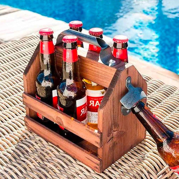 Out of the blue Flaschenhalter aus Holz für 6 Flaschen à 33 cl mit Flaschenöffner aus Metall