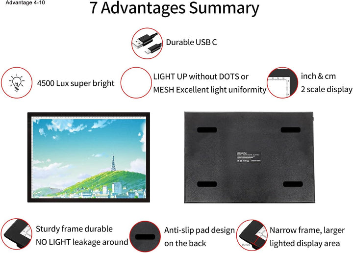 WELZK Leuchttisch A3, 42×32CM Grosse Light Pad. Seitliche Tasten, 9 Stufige Dimmung Lichtplatten für