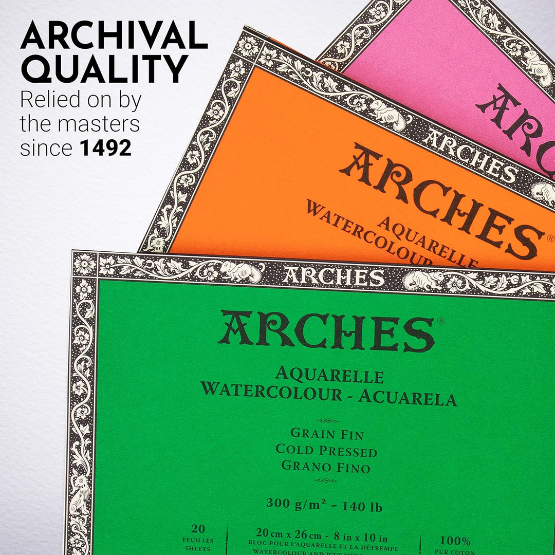 Arches 1711599 Aquarell Block, 20 Blatt Aquarellpapier in Naturweiss, 300g/m², hohe Farbechtheit, Al