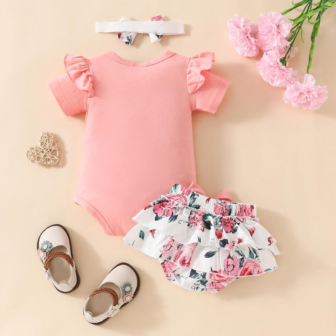 Neugeborene Baby Mädchen Sommer Outfit Rüschen Kurzarm Top+ Bowknot Bloomers Tutu Rock Shorts+ Stirn