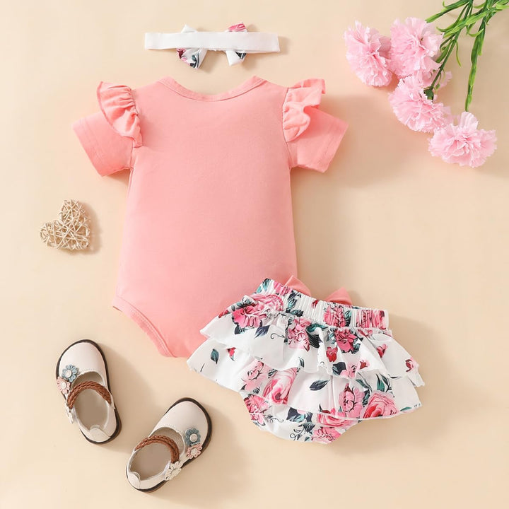 Neugeborene Baby Mädchen Sommer Outfit Rüschen Kurzarm Top+ Bowknot Bloomers Tutu Rock Shorts+ Stirn