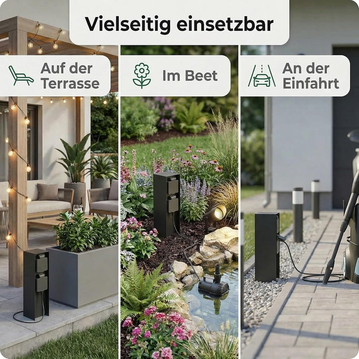 LED Universum Gartensteckdose aus Edelstahl, IP44 für aussen (Schwarz 2-fach), Schwarz 2-fach