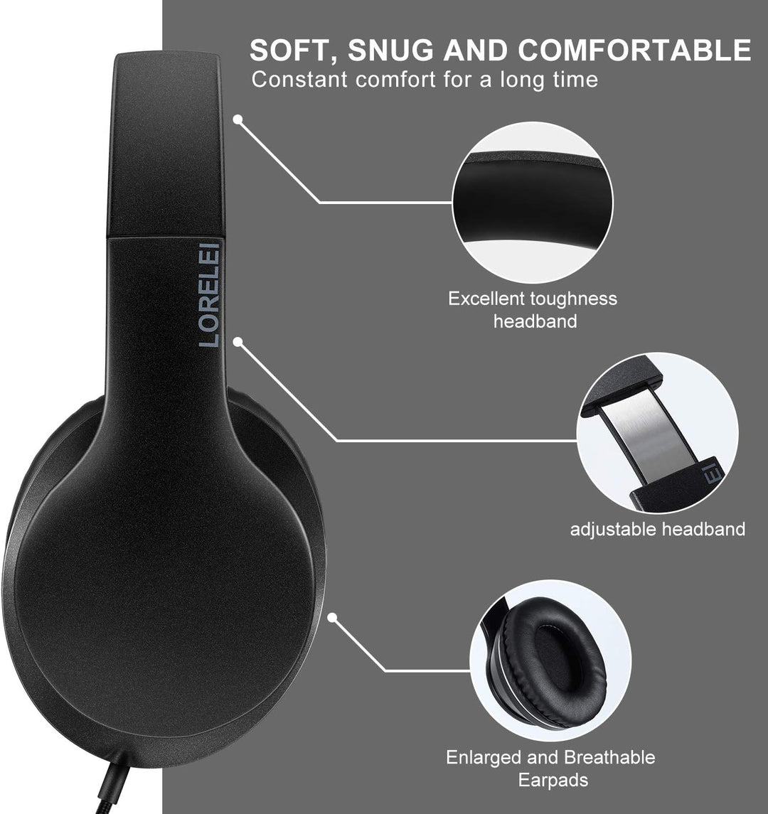 LORELEI X6 Over-Ear Headphones with Microphone, Lightweight Foldable & Portable Stereo Bass Headphon