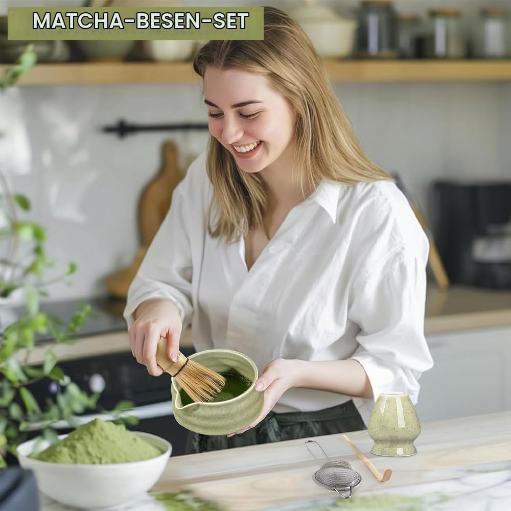 5 Stück Matcha Set, Bambus Matcha Besen, Keramik Matcha Schale mit Ausgiesser, Matcha Whisk, Schaufe