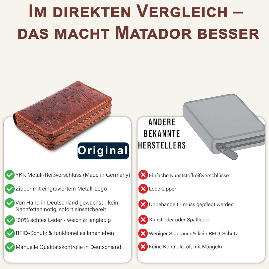 MATADOR Geldbörse Damen XXL Gross Leder Geldbeutel Doppelter Reissverschluss TÜV Geprüfter RFID & NF