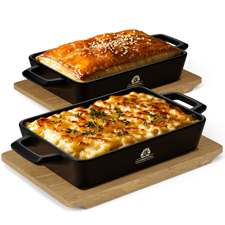 KAISERTAL Servierpfanne Gusseisen 16x11cm – Pfanne mit 2 Griffen & Holzuntersetzer – Servierpfanne K