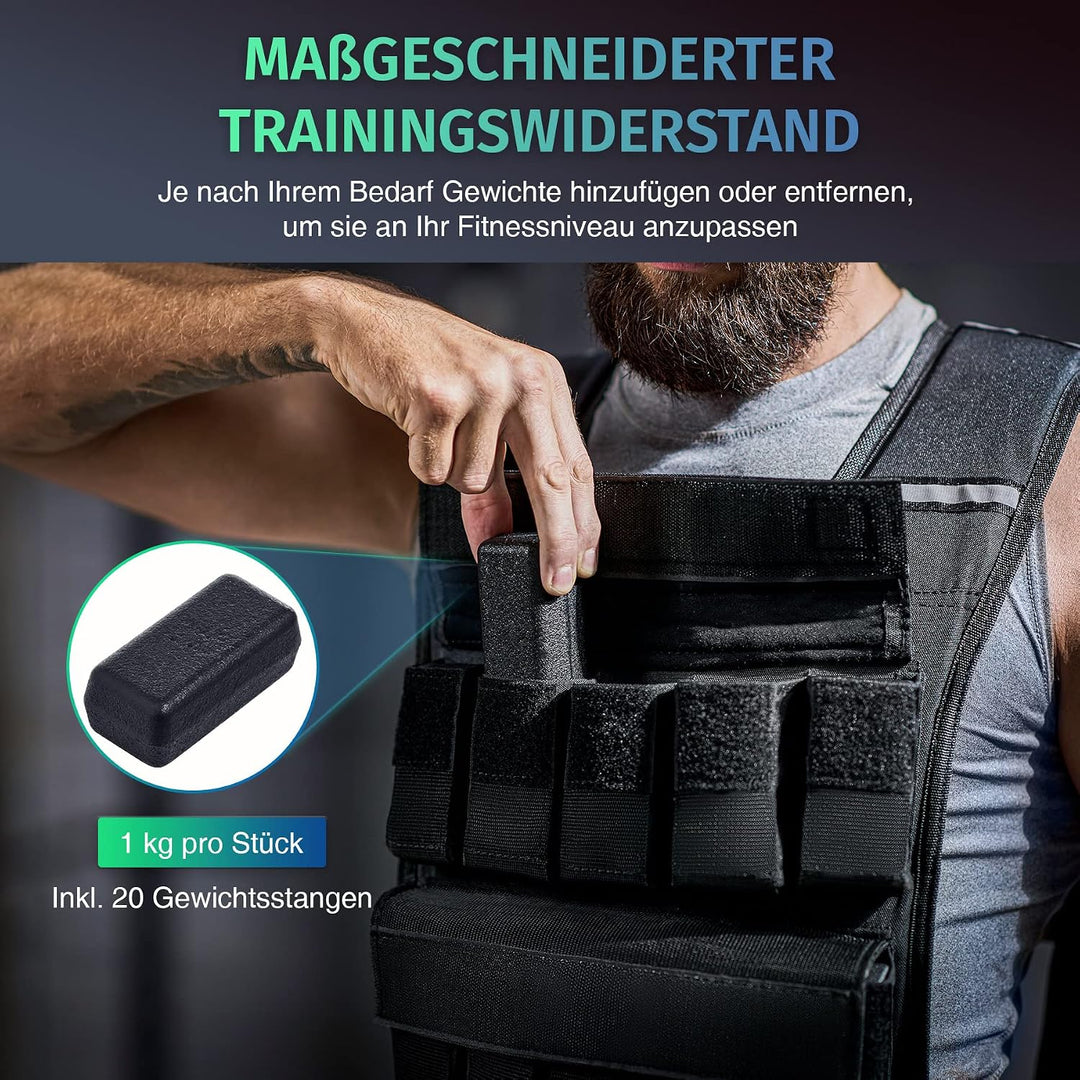 ZELUS Gewichtsweste Verstellbar 0,5-10,5kg / 0,5-20,5kg Trainingweste mit 20 Einstellbaren Gewichten
