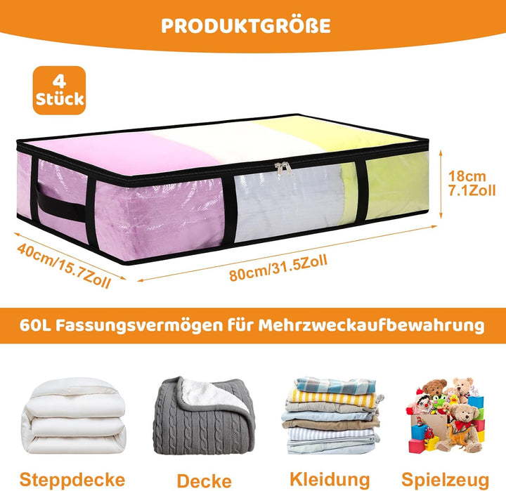 4 Stück 60L Unterbett Aufbewahrungsbox mit Deckel, Transparente Unterbettkommode Faltbare Aufbewahru
