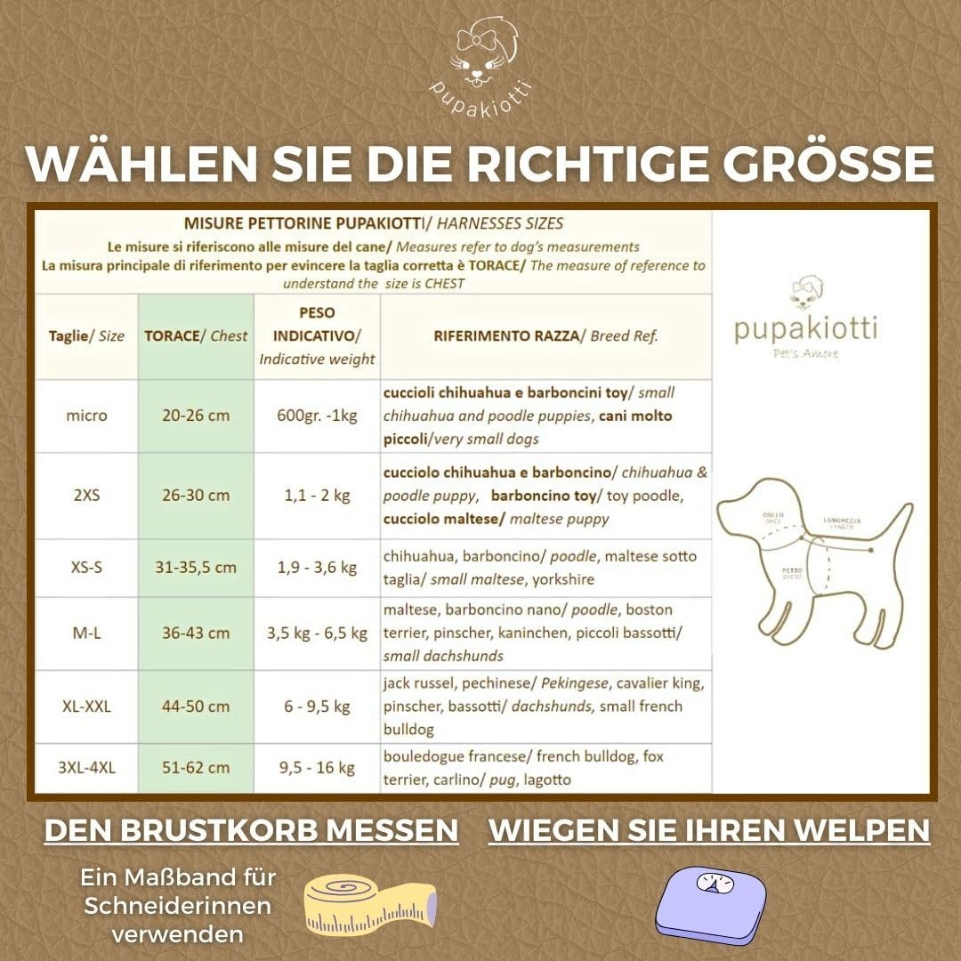 PUPAKIOTTI Brustgeschirr für kleine und mittelgrosse Hunde, Leder-Hundegeschirr, ergonomisch und ver