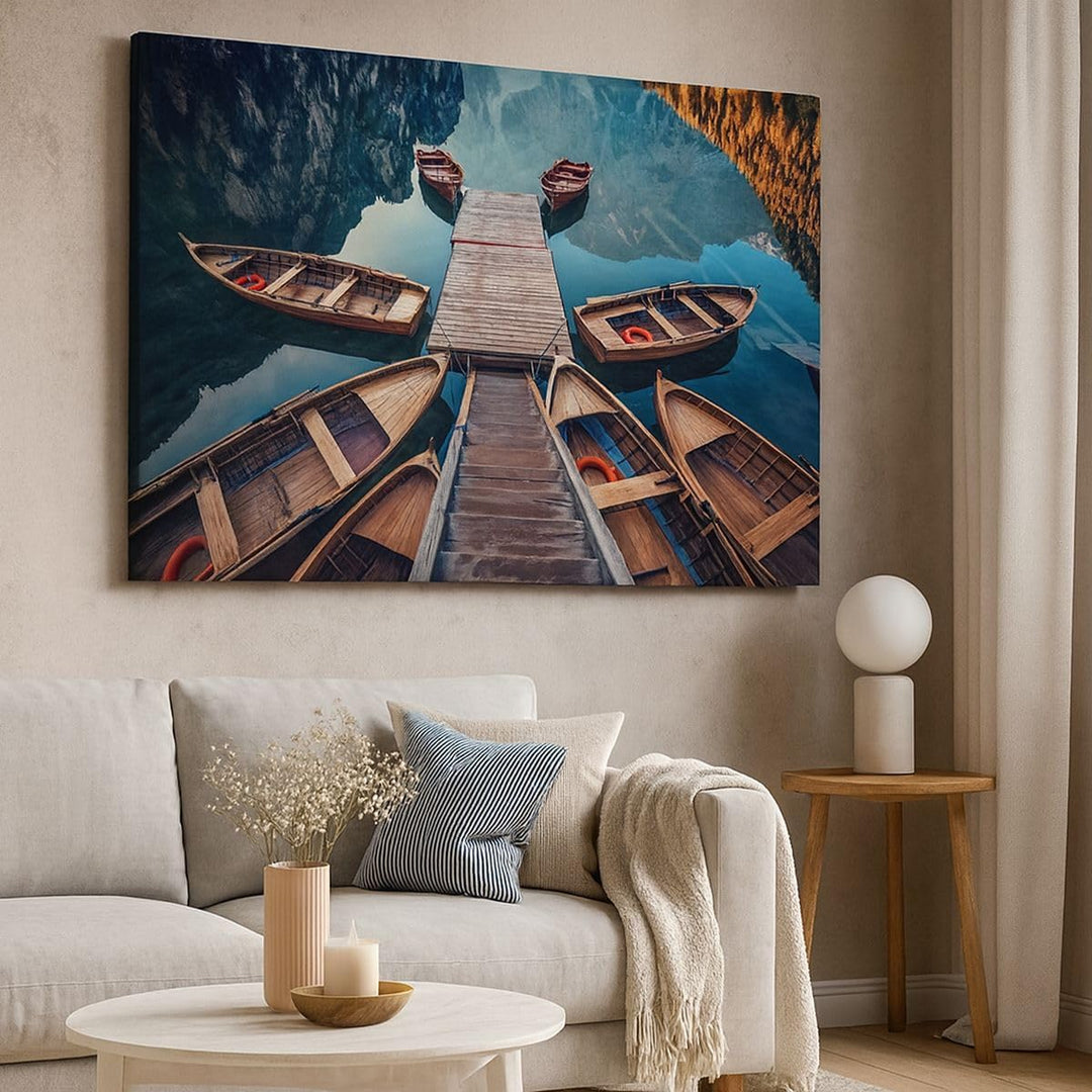 Bilder auf Leinwand 100x70cm Leinwandbild mit Rahmen Berge Boot Wasser Gross Wanddeko Bild Schlafzim