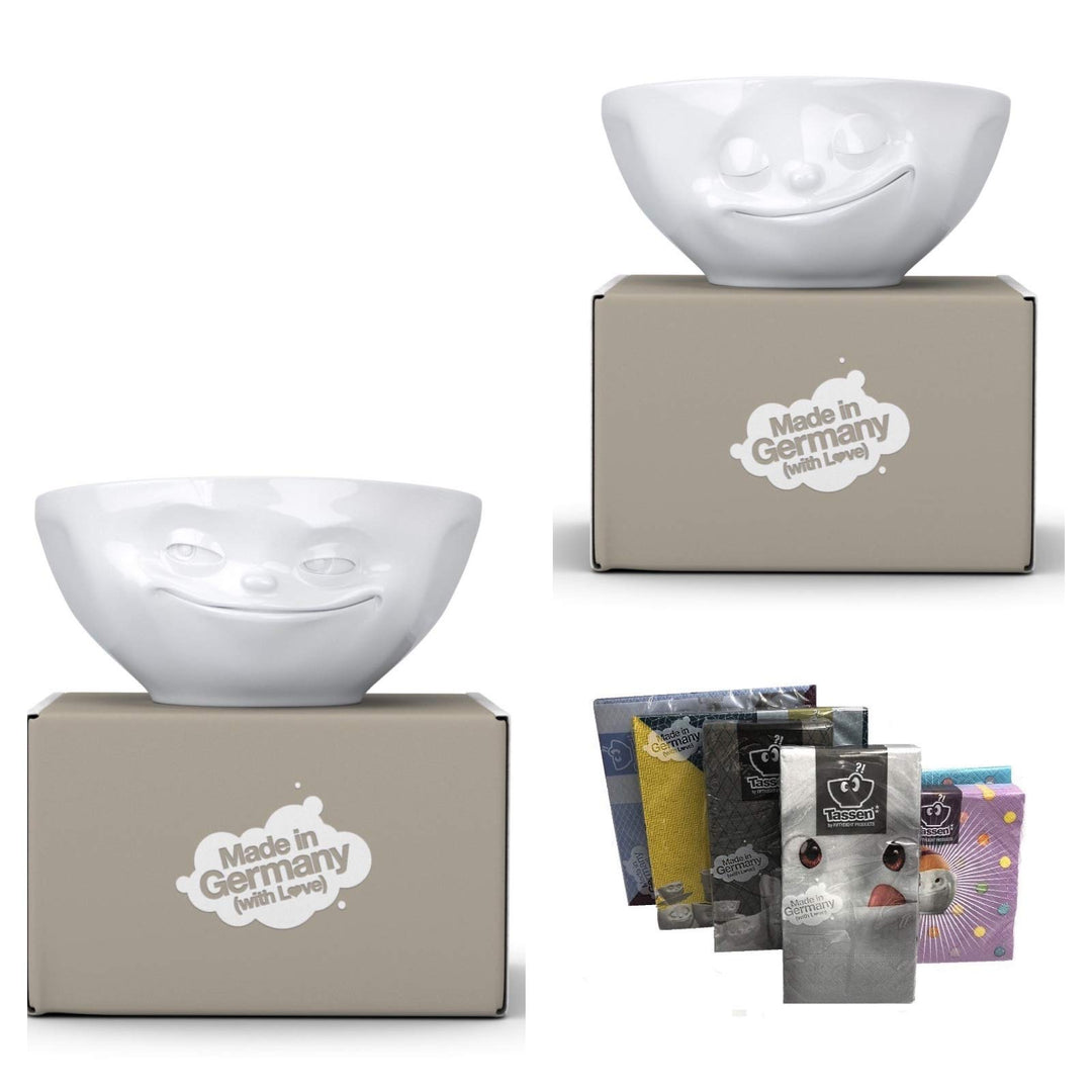 FIFTYEIGHT PRODUCTS Schalen 2er Set + Servietten, NEUHEIT 350 ml, GLÜCKLICH+GRINSEND