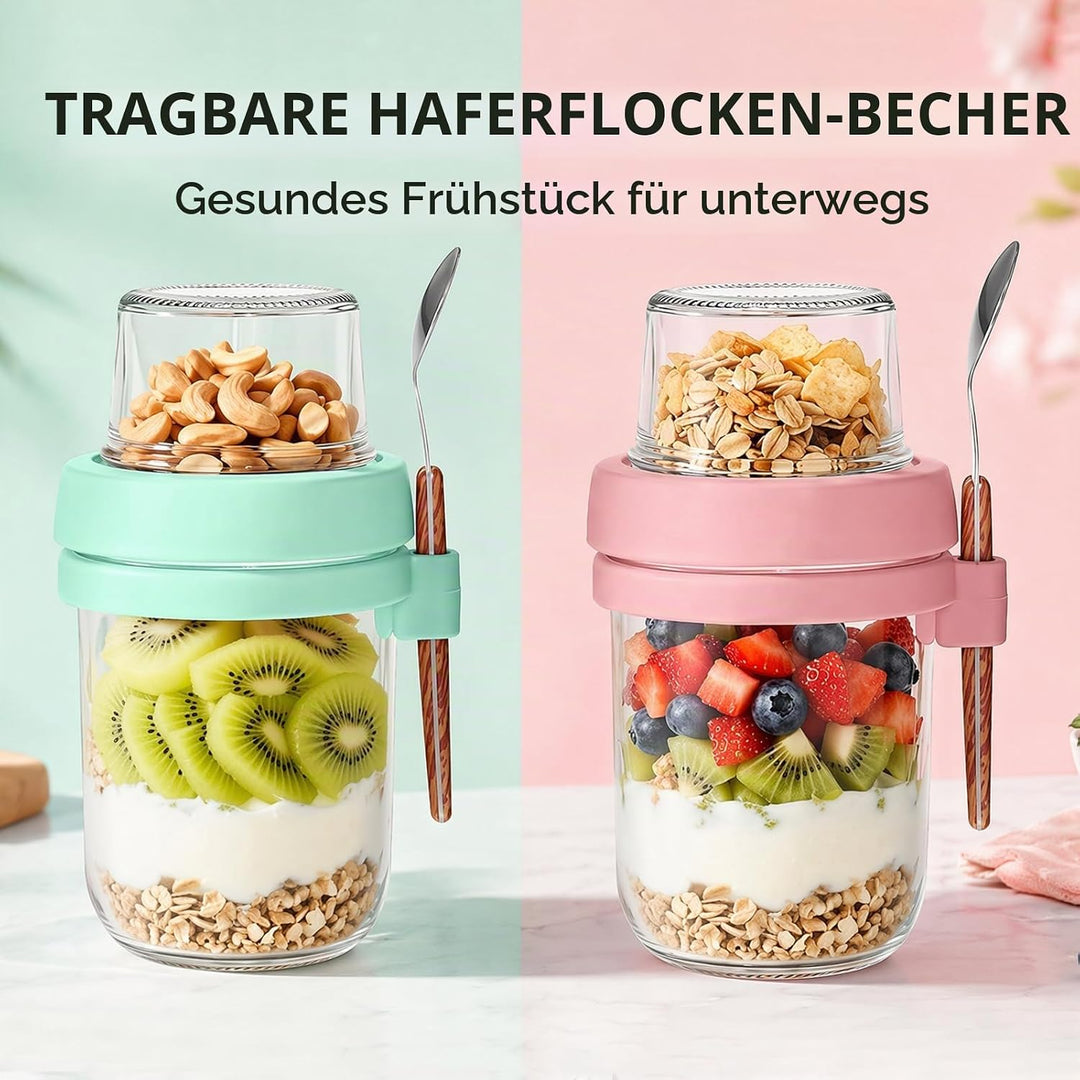 4er Set Müslibecher to Go mit Löffel, 480ml+120ml Overnight Oats Gläser, Joghurtbecher to go mit Dop