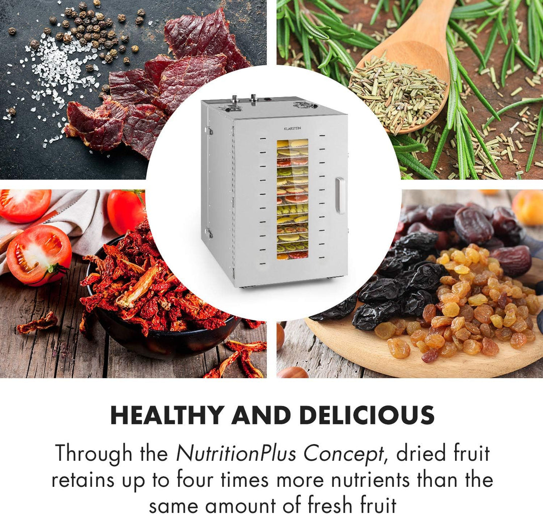Klarstein Master Jerky - Dörrautomat, Dehydrator stufenlos regelbare Temperatur von 40-90 °C, 15h-Ti