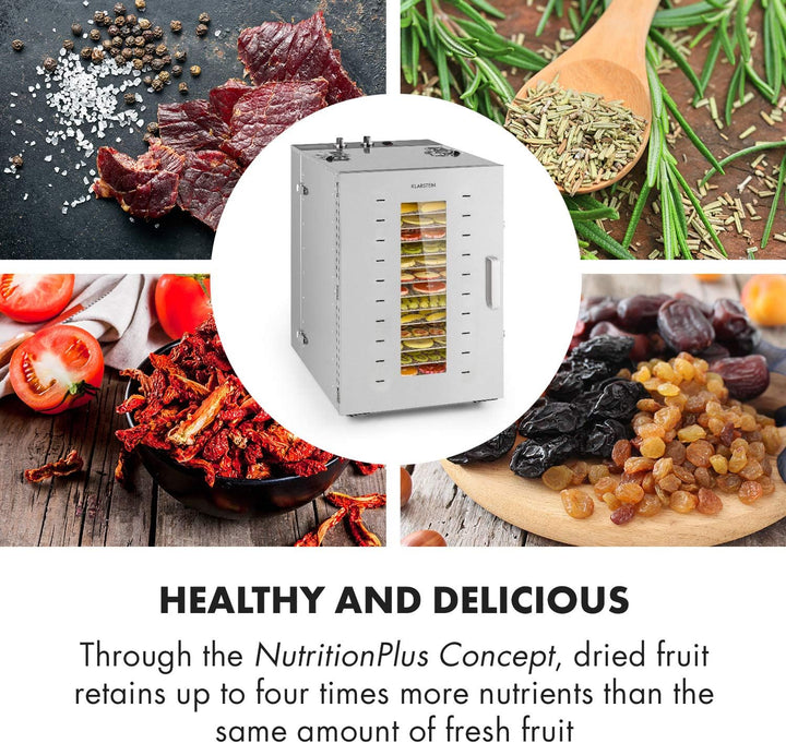Klarstein Master Jerky - Dörrautomat, Dehydrator stufenlos regelbare Temperatur von 40-90 °C, 15h-Ti