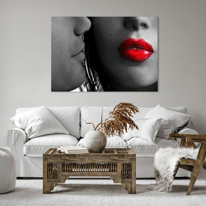 Bilder auf Leinwand 100x70cm Leinwandbild Rote Lippen dunkles Haar Modell Liebe Gross Wanddeko Bild