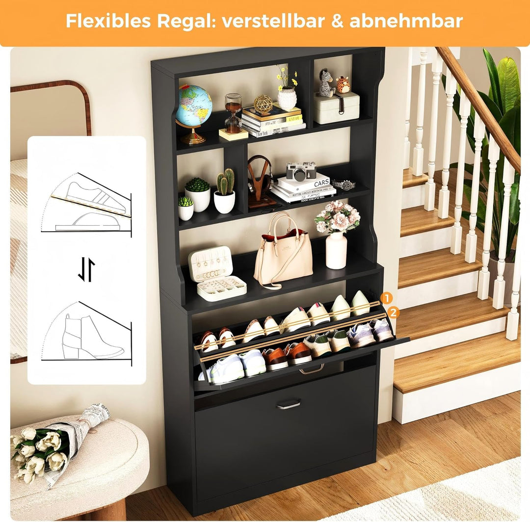 IRONCK Schuhschrank mit 2 Klappen, Schuhkipper Schmal, Schuhregal offenes Fach, Hohe Schuhaufbewahru