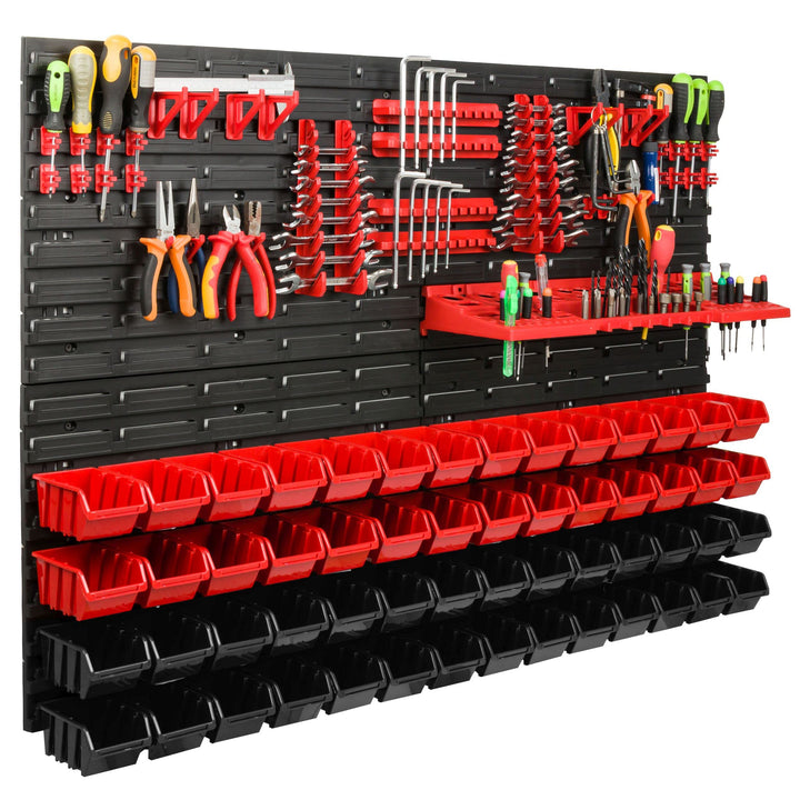 Lagersystem Werkstattregal | 115 x 78 cm | 56 stck. Box | Wandregal mit Werkzeughalterungen und Stap