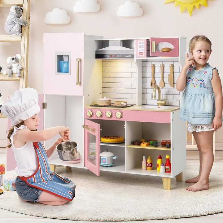 HOMASIS Spielküche mit 10 Zubehör, Kinderküche mit Spüle Herd Dunstabzugshaube Ofen Mikrowelle Tafel