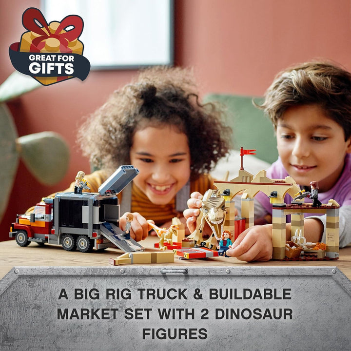 LEGO 76948 Jurassic World T. Rex & Atrociraptor: Dinosaurier-Ausbruch, Set mit LKW und 4 Minifiguren