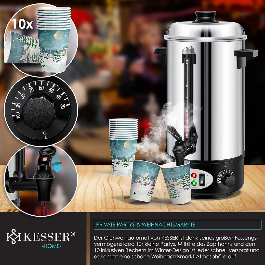 KESSER® Glühweinkessel 8L Edelstahl Inkl. 10x Becher Glühweinkocher mit Thermostat Glühweinautomat H