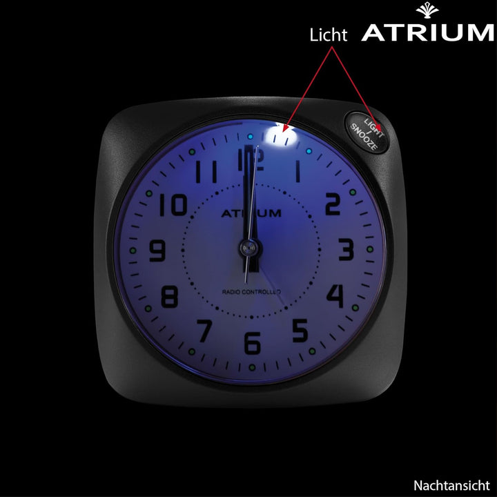Atrium Funkwecker Analog Quarz ohne Ticken grosse Zahlen sehr deutlich mit Licht und Snooze schwarz