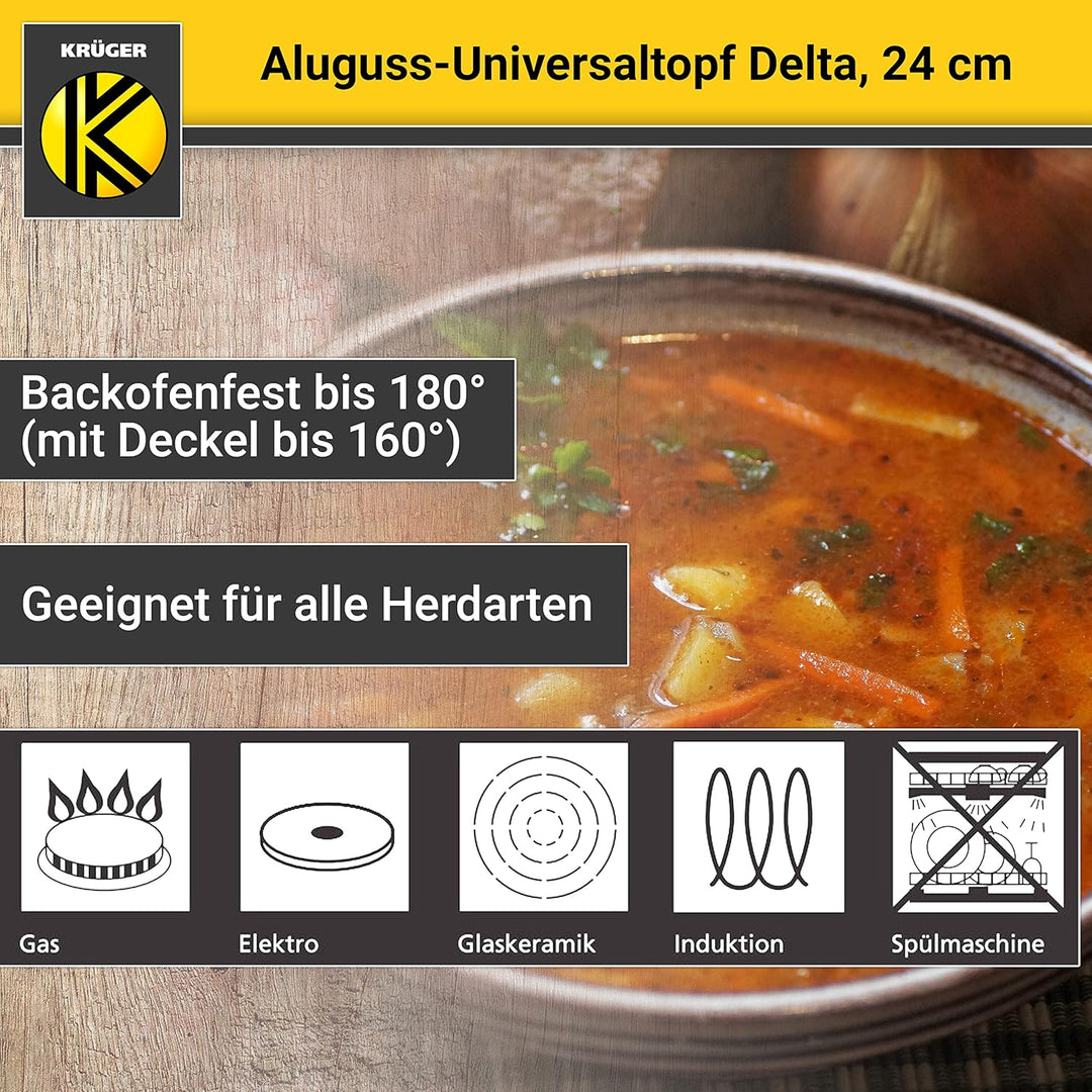 Krüger Aluguss-Universaltopf Delta mit Glasdeckel - 24 cm - Kochtopf für gesunde & fettarme Speisen
