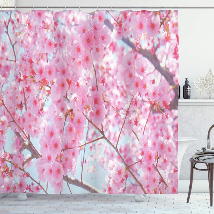 ABAKUHAUS Blumen Duschvorhang, Japanische Sakura Blumen, Stoffliches Gewebe Badezimmerdekorationsset