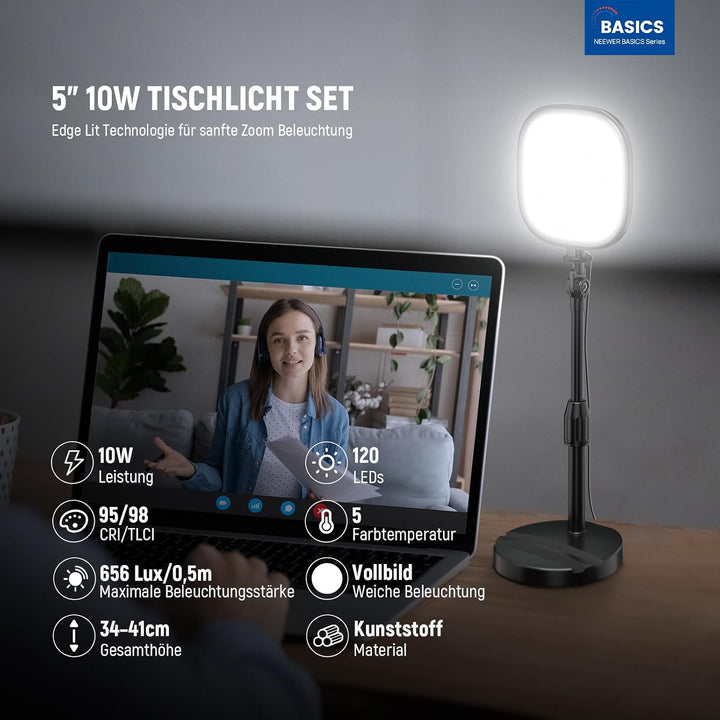 NEEWER Basics 5" Tisch Videolicht für Videoanrufe, CRI95 Vollbild LED Ringlicht mit Ständer, 10W zwe