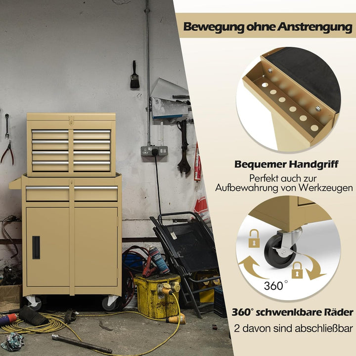 GYMAX Werkstattwagen mit 5 Schubladen, 2 in 1 Werkzeugschrank mit Haken, verstellbarem Regal & Unive