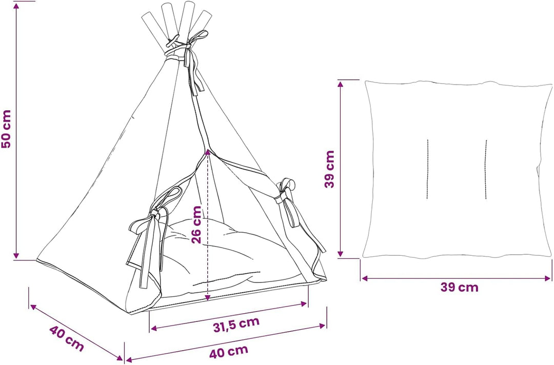 Haustier-Tipi mit Kissen Weiss 40 x 40 x 50 cm Polyester Kiefernholzrahmen Katzenbett Schlafplatz mi