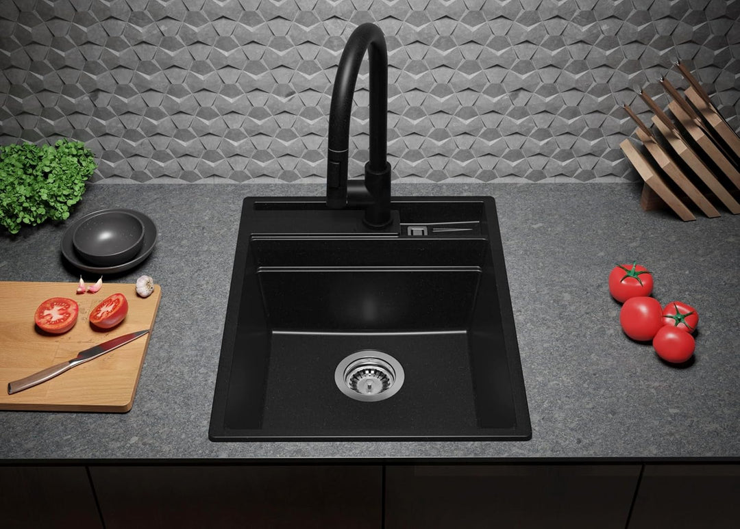 PRIMAGRAN Spülbecken Schwarz 43x53cm, Granitspüle 1 Becken + Ablauf-Set, Küchenspüle ab 45er Untersc