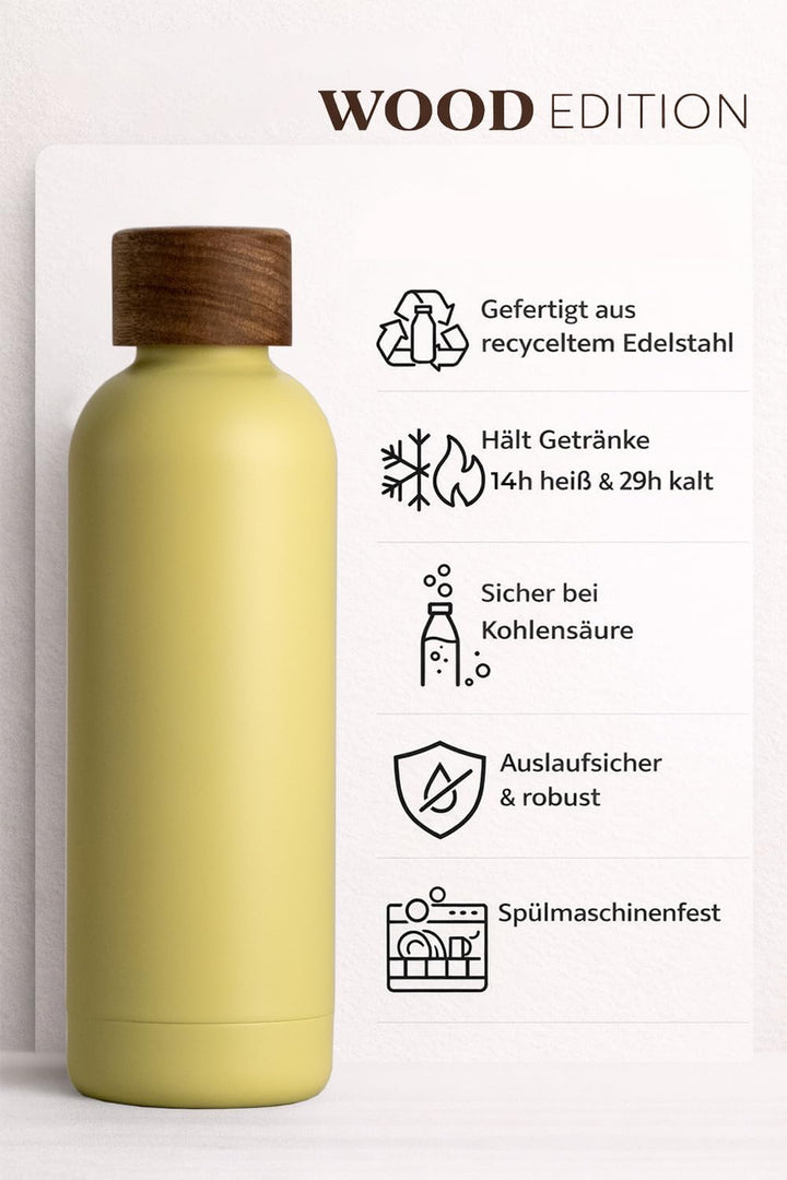 T&N Edelstahl Trinkflasche 500ml, Thermosflasche 0.5l mit Akazienholz Deckel, Isolierte Wasserflasch