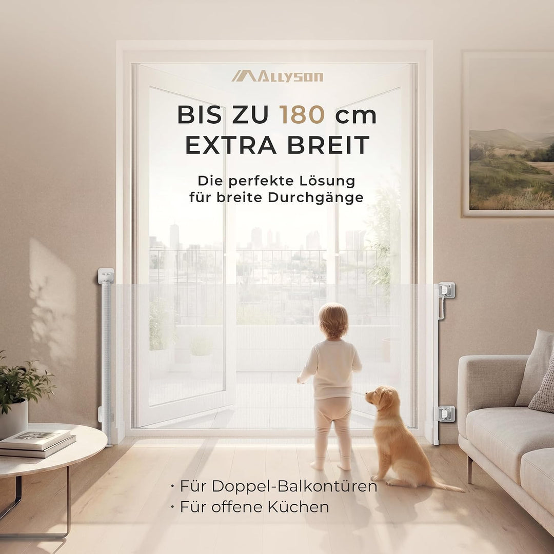 Allyson® Treppen- &amp; Türschutzgitter ausziehbar bis 180 cm, Kinder, Weiss | Einhandbedienung, stolper