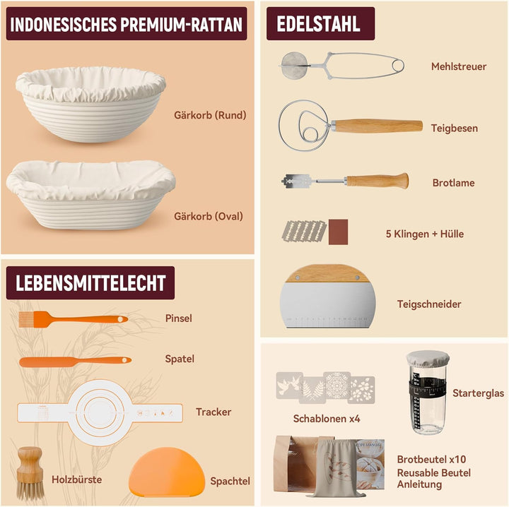 Brot Gärkorb Sauerteig Starter Set,25 cm & 23 cm Proofing Basket Bread Baking with Sourdough Starter